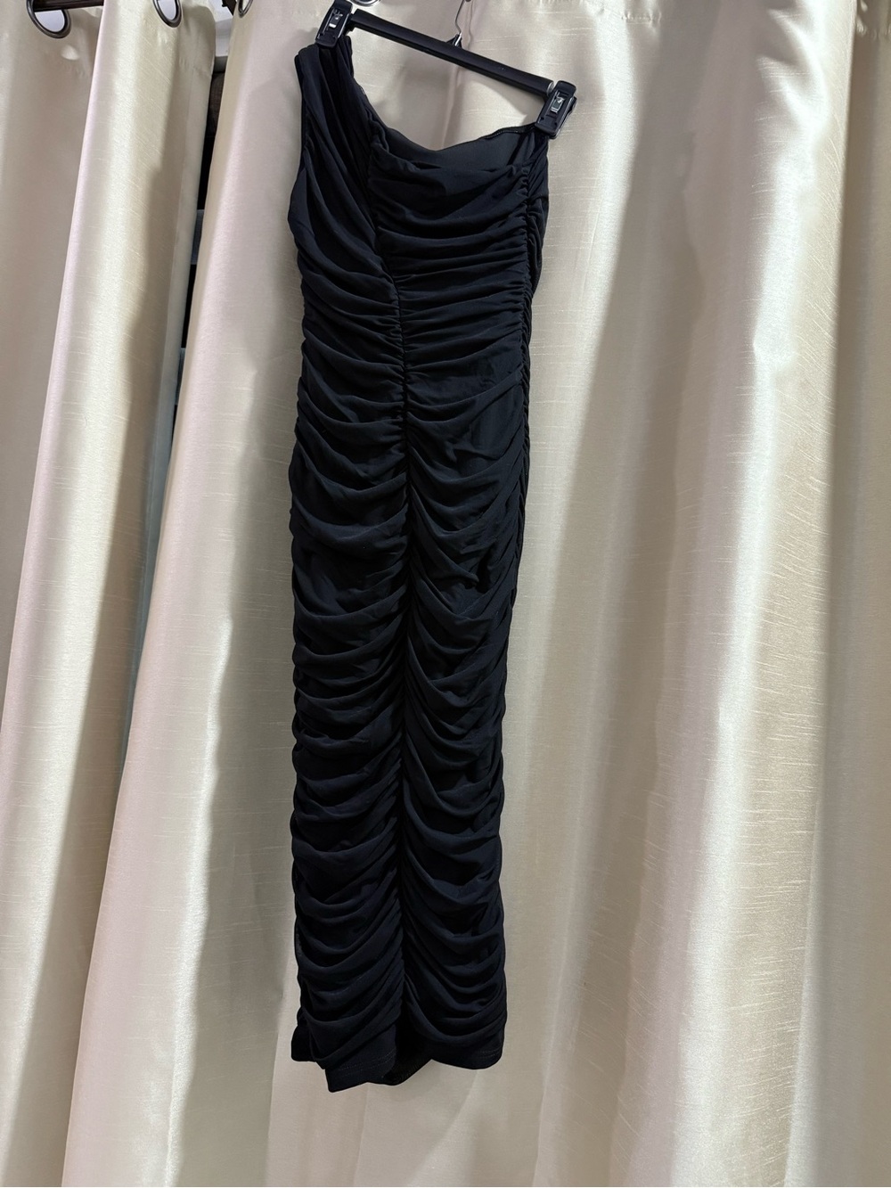 Black Midi Scrunched Dress One Shoulder